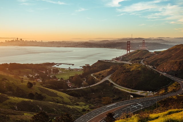 View of the San Francisco bay and hills at dusk